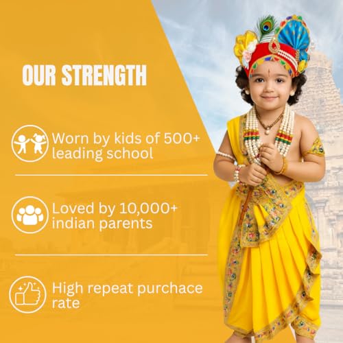 Image of Sarvda Shree Krishna Dress for Baby Boy & Radha Dress for Girls | Janamashtami Dress | Fancy Dress Costume with Accessories Dhoti, Dupatta, Mukut Flute Complete set, Ethnic wear