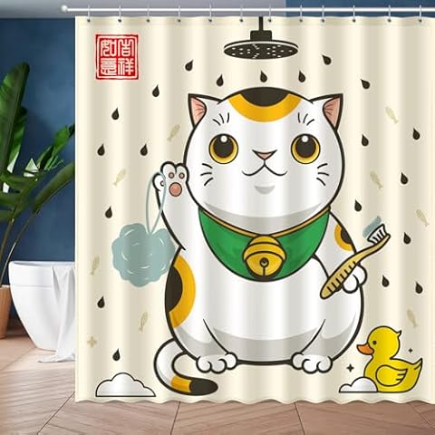 JWXCBIM Funny Cat Bathroom Shower Curtain Set 72x72 Inches, Cute Anime Asian Japanese Style Art Bath Accessories, Cool Animal Yellow Duck Vintage Beige Home Decor with 12 Hooks Cover
