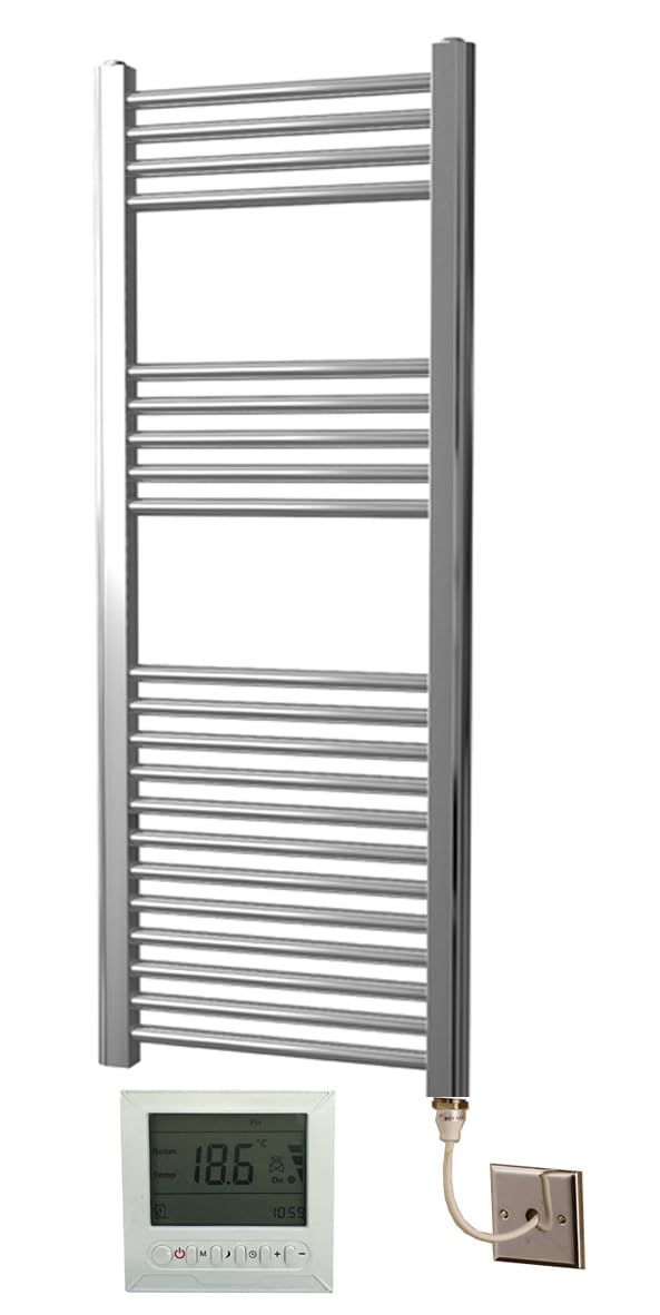 Greened House Electric Chrome Flat Towel Rail 400mm Wide x 1200mm High + Timer and Room Thermostat Bathroom Towel Rails (400 x 1200)