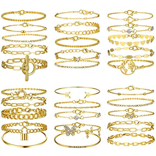 Patelai 30 Pcs Gold Chain Bracelet for Women Paperclip Link Chain Adjustable Stackable Layered Bracelet Set for Women Brithday Fashion Jewelry Gifts (6 Pack)