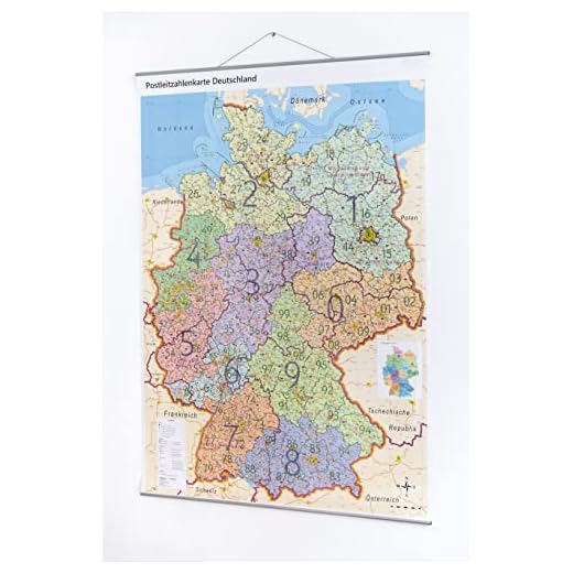 XL Postleitzahlenkarte Deutschland mit Metallleisten und Laminierung (beschreibbar), 100 x 140 cm, mit Bundesländer, reißfest, inkl. Online-PLZ-Karte