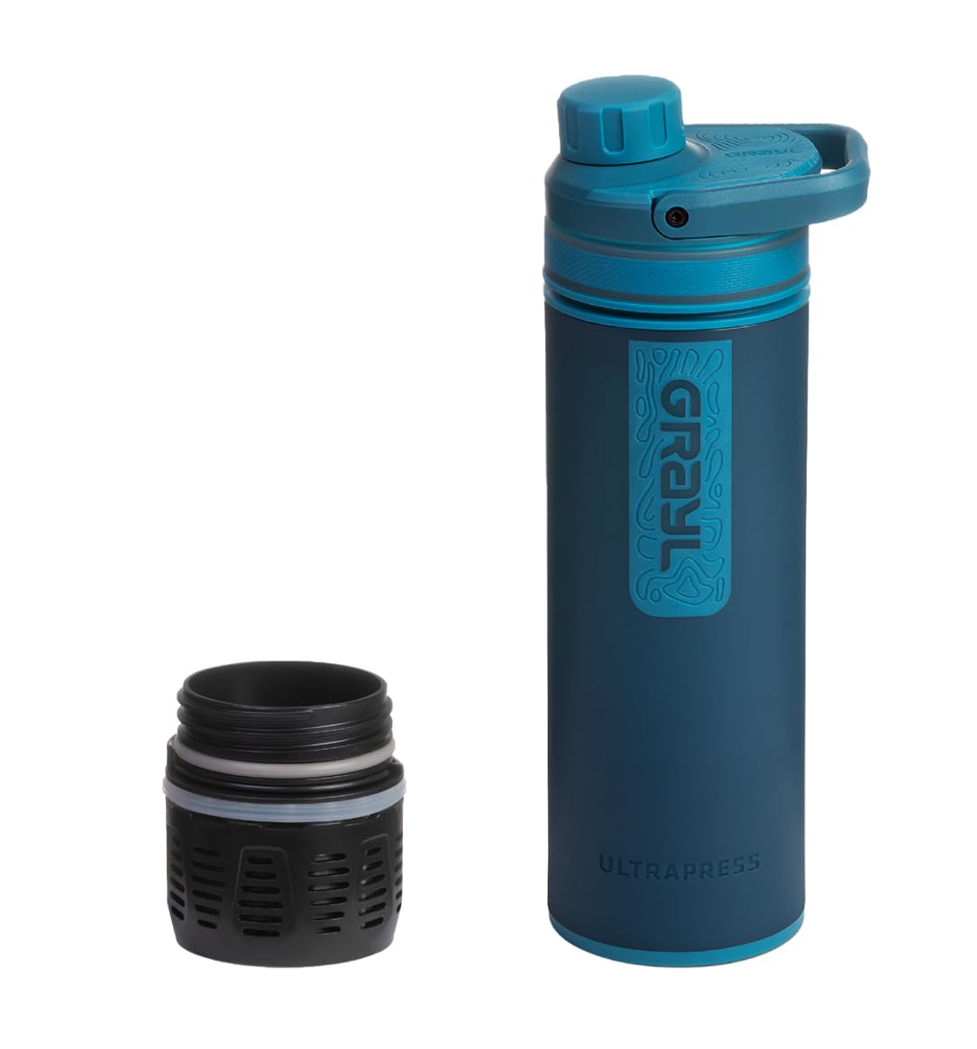 GRAYL Ultra Press PREMIUM Filtre à eau d'extérieur MEGA BUNDLE avec filtre de rechange 300L L'eau potable élimine 99,99 % des bactéries et des virus pour le camping, la survie et les voyages - Bleu