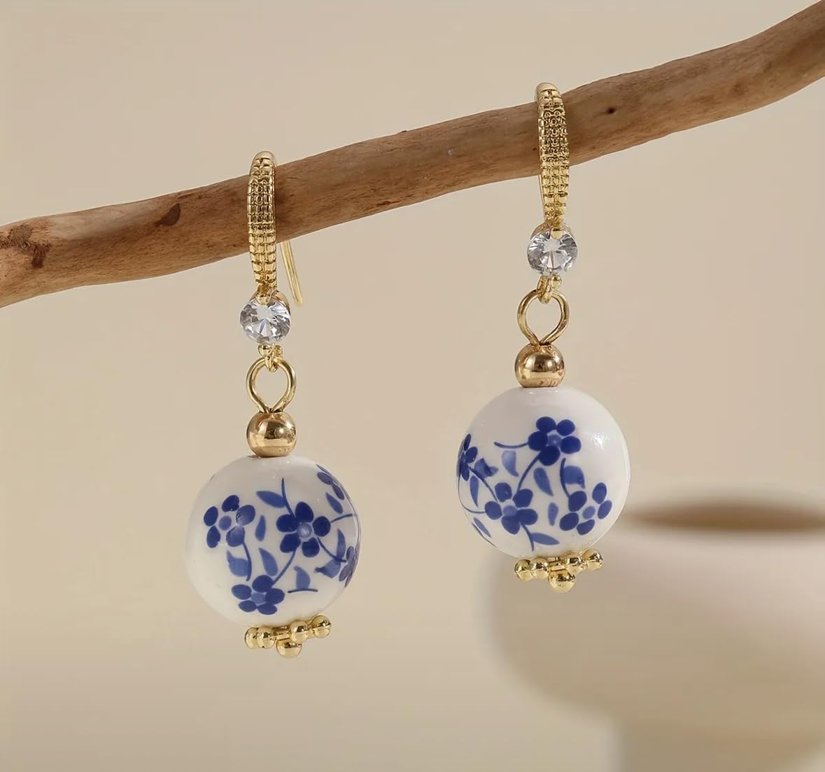 Ceramic Blue Floral Drop Earrings, Gold-Tone Crystal Accents, White and Blue Porcelain Beads - Image 2