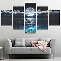 SIGNWIN 5 Panel Canvas Wall Art Fantasy Moon on Transparent Sea Abstract Plants Illustrations Impressionism Modern Panoramic Relax/Calm Multicolor for Living Room, Bedroom, Office - 60