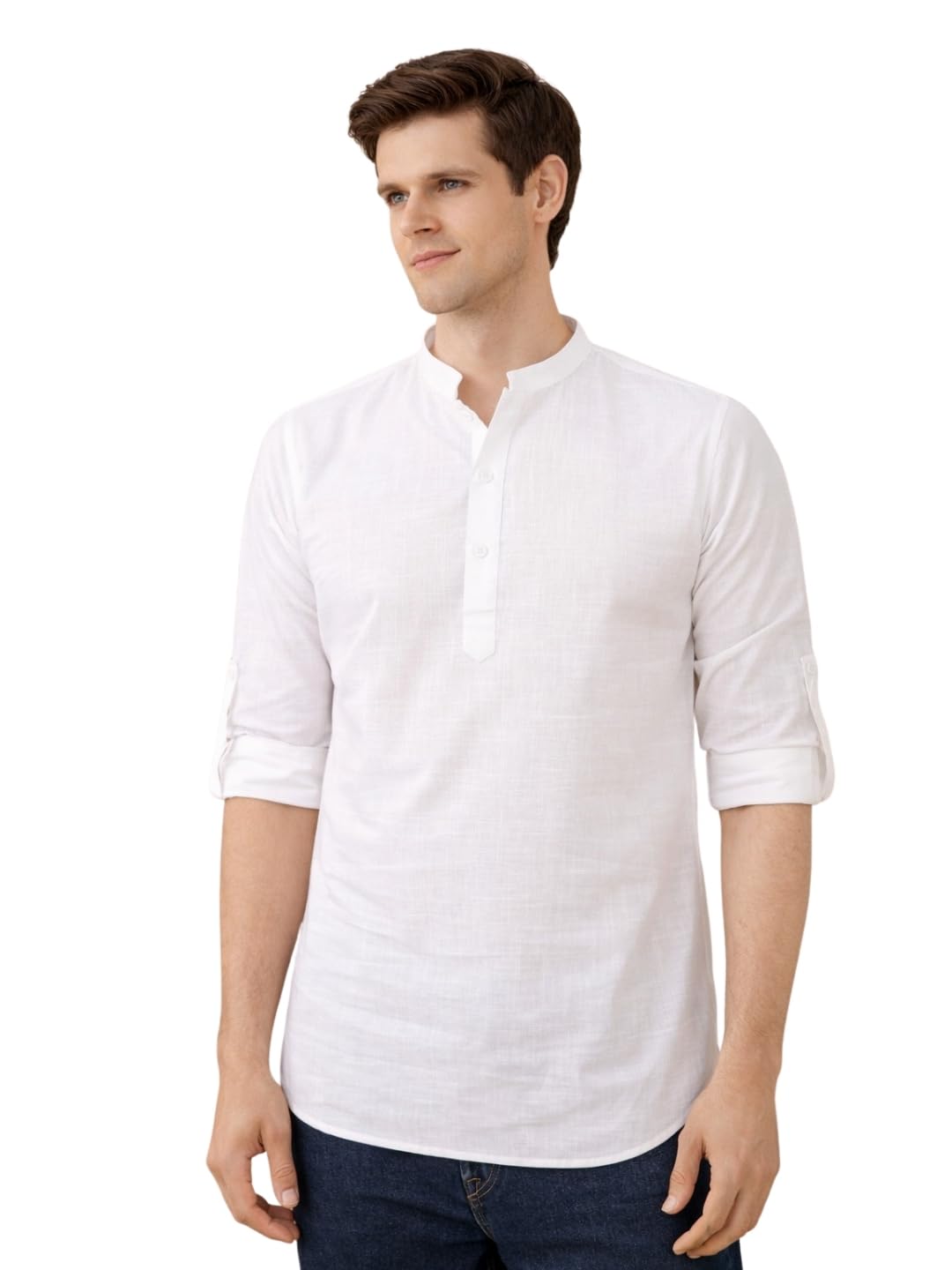 Men's Roll-Up Sleeve Mandarin Collar Men White Pure Cotton Slub Short Kurta-image-4