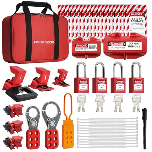 Osmond Kit de Bloqueo y Etiquetado, Kit de Bloqueo y Etiquetado Eléctrico, Candados LotoSafety de 4 Llaves Diferentes, Cerrojos, Bloqueo de Enchufe, Abrazadera