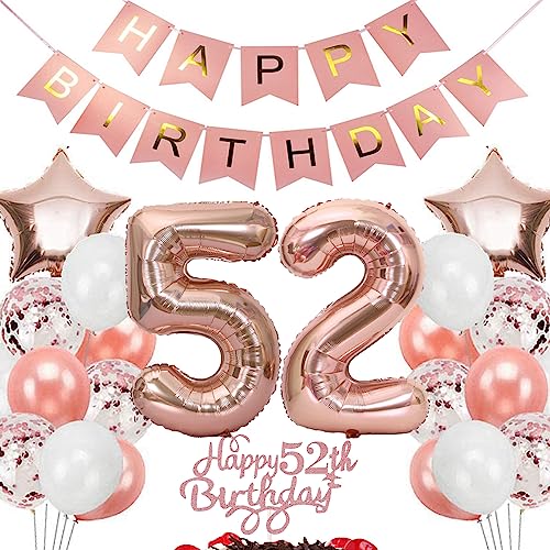 Feelairy Decoración Cumpleaños Mujer 52 años, Oro Rosa Globos de Cumpleaños 52 años Mujer, Decoración Tarta Cumpleaños 52 años Mujer, Decoraciones para Fiesta de Cumpleaño 52 años Mujer