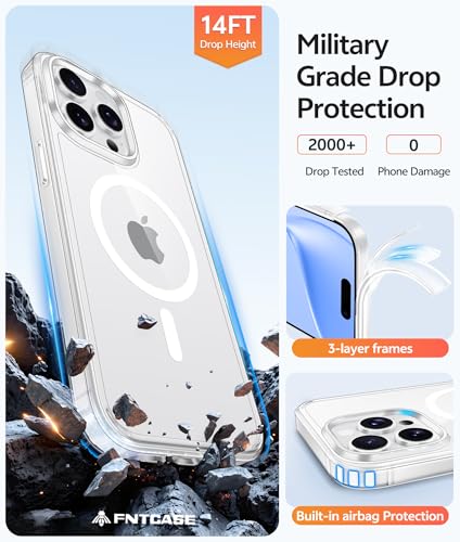 Image of FNTCASE for iPhone 15 Pro Max Case: [Compatible with Magsafe] [Screen Protector] Anti Yellowing Transparent Clear Magnetic Phone Cover - Military Grade Shockproof Drop Proof Protective Cases - Clear