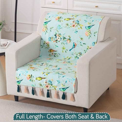 Image of HOKIPO Printed Holland Velvet Sofa Cover with Tassels for 1 Seater Sofa | Full Protection for Sofa Seat and Back | 'Whispers of Nature' (160x60 cm), Mint Birdsong Blossom (IN-1125-D3)