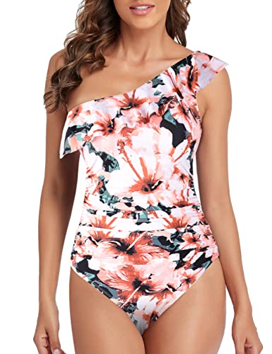 Hilor Women's One Piece Swimsuits One Shoulder Swimwear Asymmetric Ruffle Monokinis Bathing Suits Floral Pattern 12 #TOP4