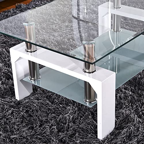 Mecor Rectangle Glass Coffee Table-White Modern Side Coffee Table With Lower Shelf Metal Legs-Suit For Living Room #TOP5