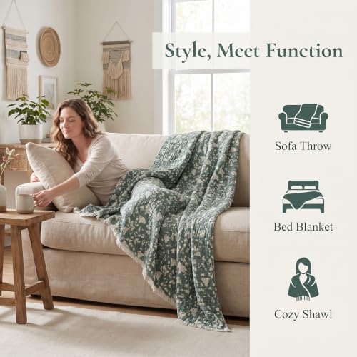 Image of Queen 100% Cotton Muslin Blanket with Tassel All Seasons Sage Green 4-Layer | Breathable, Soft & Lightweight, Crinkle Texture, for Bed, Couch, Throw, Shawl, for Hot Sleepers, Home Decor