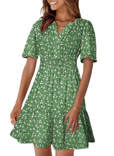 Image of Dokotoo Womens Summer Dresses 2026 Boho Floral Short Sleeve V Neck Smocked Waist Casual A-Line Swing Mini Dress Sundress