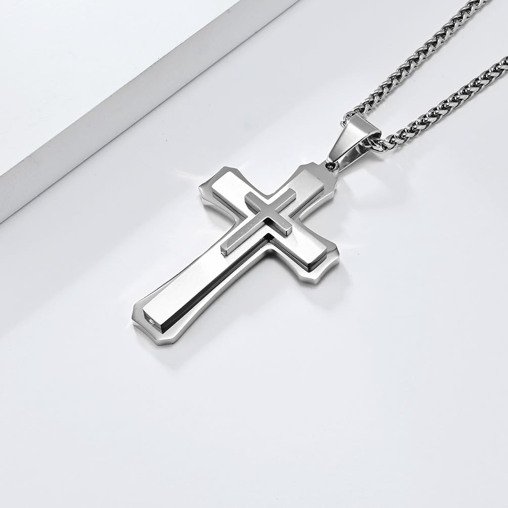 Cross Necklace for Man, Stainless Steel Silver/Black Cross Layered Pendant with Chain Christian Jewelry Necklace - Image 3