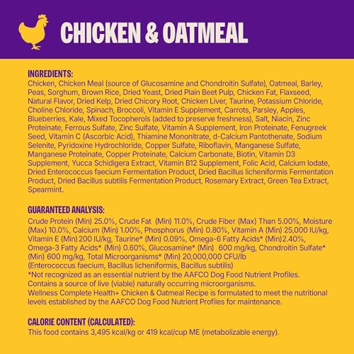 Wellness Complete Health+ Adult Dry Dog Food with Freeze Dried Wellbites, Wholesome Grain Kibble+, Natural, Chicken and Oatmeal Recipe, 4 lb Bag - image 7