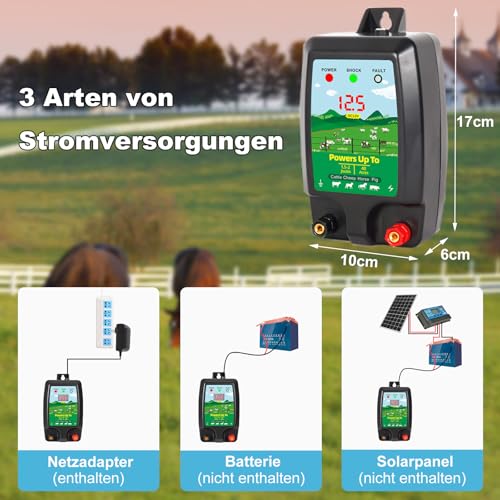 SROCHN Weidezaungerät mit LCD Anzeige, 10 km Reichweite 2 Joule 12kV, Elektrozaungerät für Rinder, Schafe und Andere Nutztiere