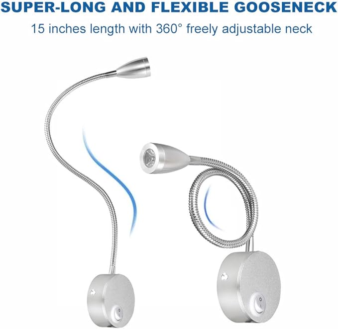 FIFILARY Leeslamp, 2 stuks LED-bedlampjes, wandmontage naast lampen met aluminium nachtverlichting Stekker met schanslamp voor slaapkamer / kantoor / studeerkamer / display, warmwit, 200LM / 3000K / 3W / 110-240V AC, stralingshoek: 30 ° Lengte zwanenhals: 38 cm (zilver) (2PCS) photo 3