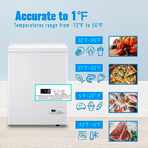Chest Freezer 3.5 CU.FT Ultra-Low Temperature Deep Freezing Machine (Down to -12 ℉) with Two Removable Baskets Freestanding White Small Mini Compact Fridge Freezer for Home Kitchen Office