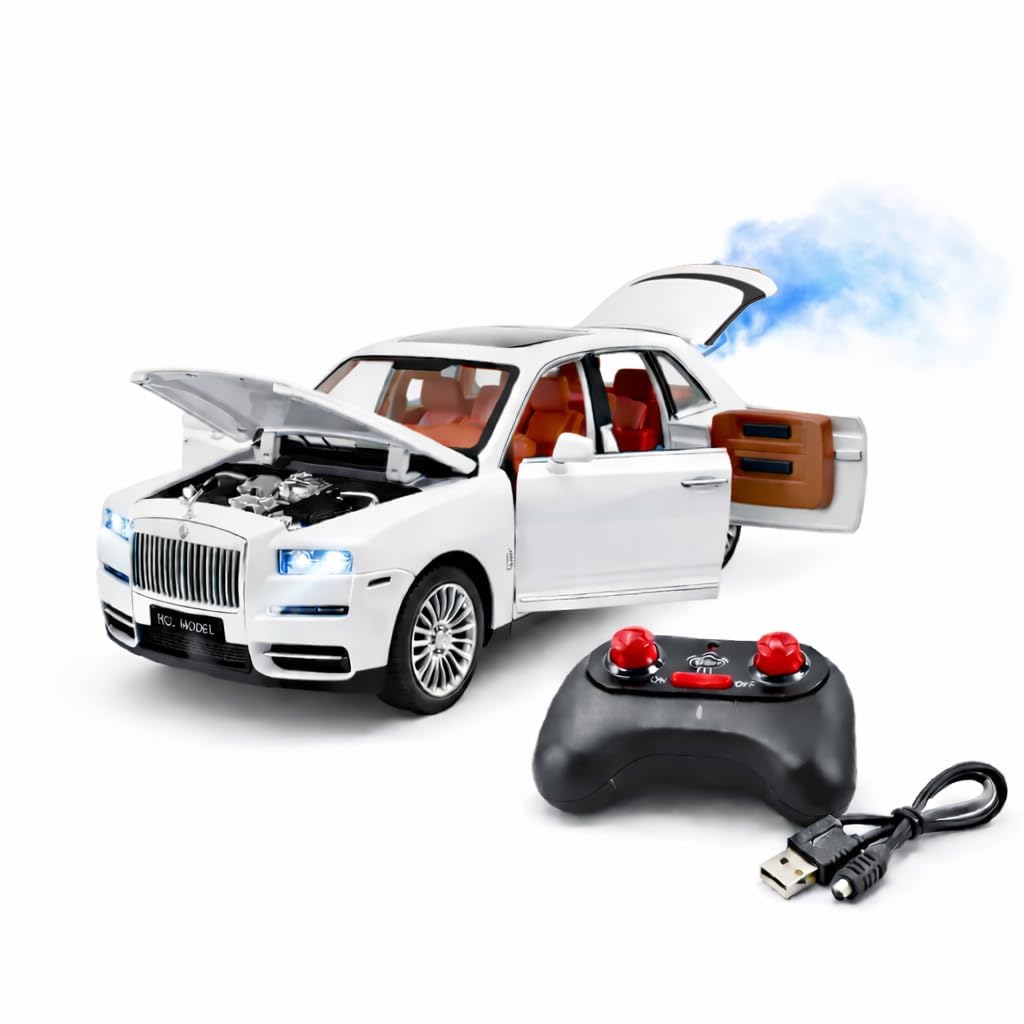 Brand Conquer Premium Rechargeable Metal RC Rolls Royce Car with Mist Spray, Openable Doors Bonnet & Trunk, LED Headlights, 2.4GHz Remote Control, Die-Cast Luxury Toy Car for Kids & Collectors (White)-image-48