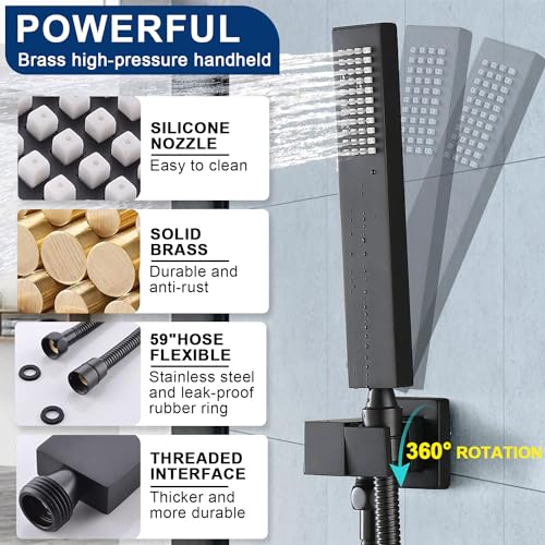 Sistema de ducha termostático negro con tres cabezales, incluyendo cabezal de lluvia de 16" montado en techo y 2 cabezales de pared de 6" con 4 funciones, sistema de ducha de cuerpo completo que puede funcionar simultáneamente miniatura 6