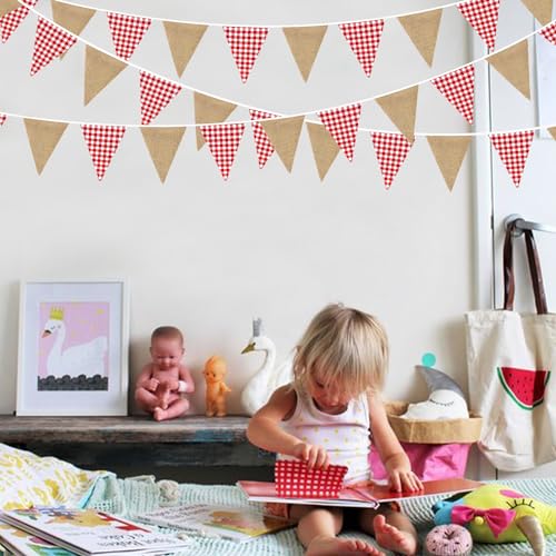 Image of 26Ft Red Plaid Burlap Banner Red Checkered Burlap Pennant Triangle Flag Garland Streamers Vintage Fireplace Wall Hanging for Rustic Birthday Wedding Baby Shower Engagement Boho Picnic Camping Decor