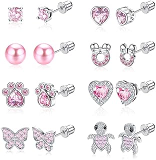 MILACOLATO 8Pairs Stud Earrings Set for Women Girls 316L Stainless Steel Hypoallergenic CZ Heart Screw Back Earring Studs Set Cartilage Mouse Butterfly Toddler Earrings for Kids Baby Children