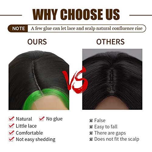 Xccoco 28" Long Wavy Highlight Wigs Skunk Stripe Body Wave Synthetic Lace Wig Side Part Black Wig With Green Streaks Highlighted Wig For Women #TOP5