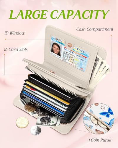Image of Bistup Leather 12 Slot Accordion Card Holder Wallet, Butterfly | Accordion Storage, Zipper Around Closure, Compact Patterned Wallet for IDs, Cards, Cash, Daily Carry and Gifts