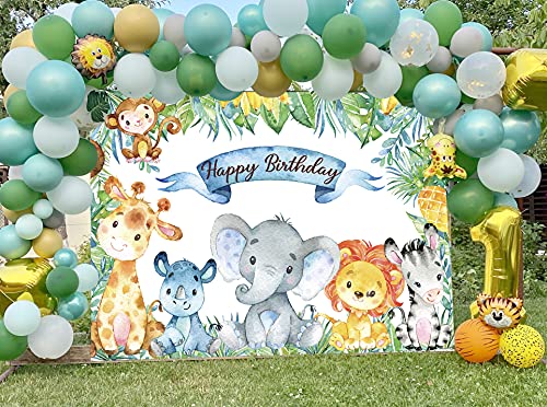 Jungle Safar Birthday Backdrop 7x5ft Eucalyptus Leaves Forest Animals Happy Birthday Photography Backdrops Wild Animals Elephant Monkey Kids Party decoration Background