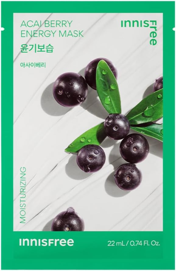 - Innisfree Acai Berry Energy Sheet Mask 22ml | Korean Skincare with Antioxidant-Rich Acai Berry Extract | Revitalizes & Nourishes Dull Skin | Soft Cotton Sheet for a Radiant, Healthy Glow