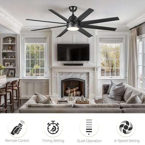 DWVO 65 Inch Ceiling Fan with Light and Remote, 8 Blade Large Black Ceiling Fan, 6-Speed Quiet DC Motor, LED Tri-Color Temperature, Memory Function for Bedroom, Living Room