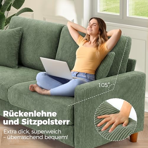 Kidirect Kidirect Cord Sofa 3 Sitzer, 178CM Bequemes Couch 53CM Extra Tiefe Sitze, Sofa Wohnzimmer Werkzeugfreie Montage, Big Sofa Couch mit 2 Kissen, Modernes Couch fürs Büro, Schlafzimmer Sofas Waldgrün - Zusatzansicht 4 | Sofas