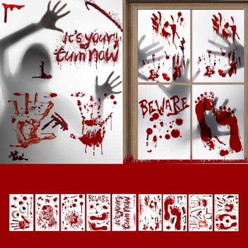 SOPSTUO Halloween Window Stickers - 9 Sheets Decorations, Scary Bloody Handprint Footprint Wall Decal Floor Clings with Tattoo Stickers (Scary Bloody)