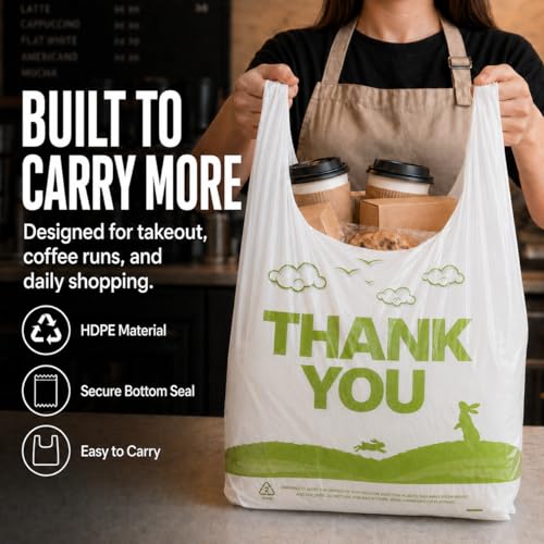 Image of YoYoRain 300 Count White Thank You T-Shirt Bags, 11 x 6 x 21 in | Durable HDPE with handles, Thank You print, disposable carryout sacks for grocery, retail and takeout