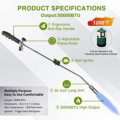 Koman Weed Torch Propane Burner,Weed Burner Torch,Flame Thrower Gun 50000Btu With 32" Long Arm,Fuel By 1Lb Propane Gas Cylinder/5-40Lb Propane Tank,Self Ignition,For Weeding,Roofing, Melting Ice #TOP1