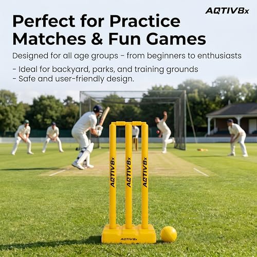 Image of Plastic Cricket Wicket Set Full Size with 1 Base, 2 Bails & 3 Wickets (Yellow)