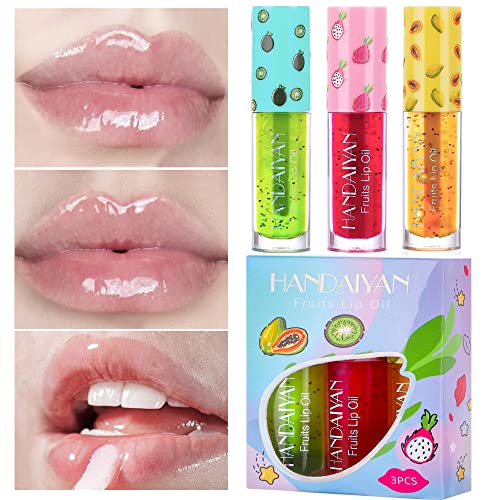 BestLand 3Pcs Fruit Lip Oil, Hydrating Lip Glow Oil Plumping Glass Finish Moisturizing Lip Gloss Lip Tint Fruit Extract Lip Oil Tinted for Dry Lip and Lip Care