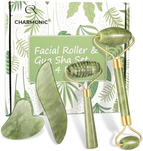 4-pcs Jade Roller & Gua Sha Set, Facial Roller Massager with Gua Sha Scraping Tool, Jade Stone Massager for Anti-aging, Slimming & Firming, Rejuvenate Face and Neck, Remove Wrinkles & Eye Puffiness