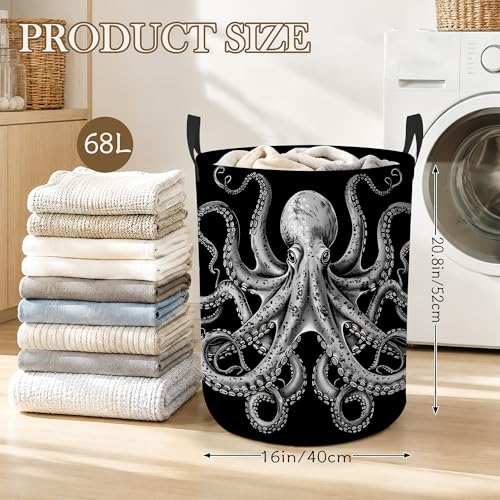 Image of Vintage Octopus Laundry Basket, Foldable Oxford Cloth Ocean Nautical Laundry Hamper with Handles, Tote Bag Clothes Storage Bucket for Laundry Room /Bathroom /Bedroom /Dormitories 20.8 inchx16 inch