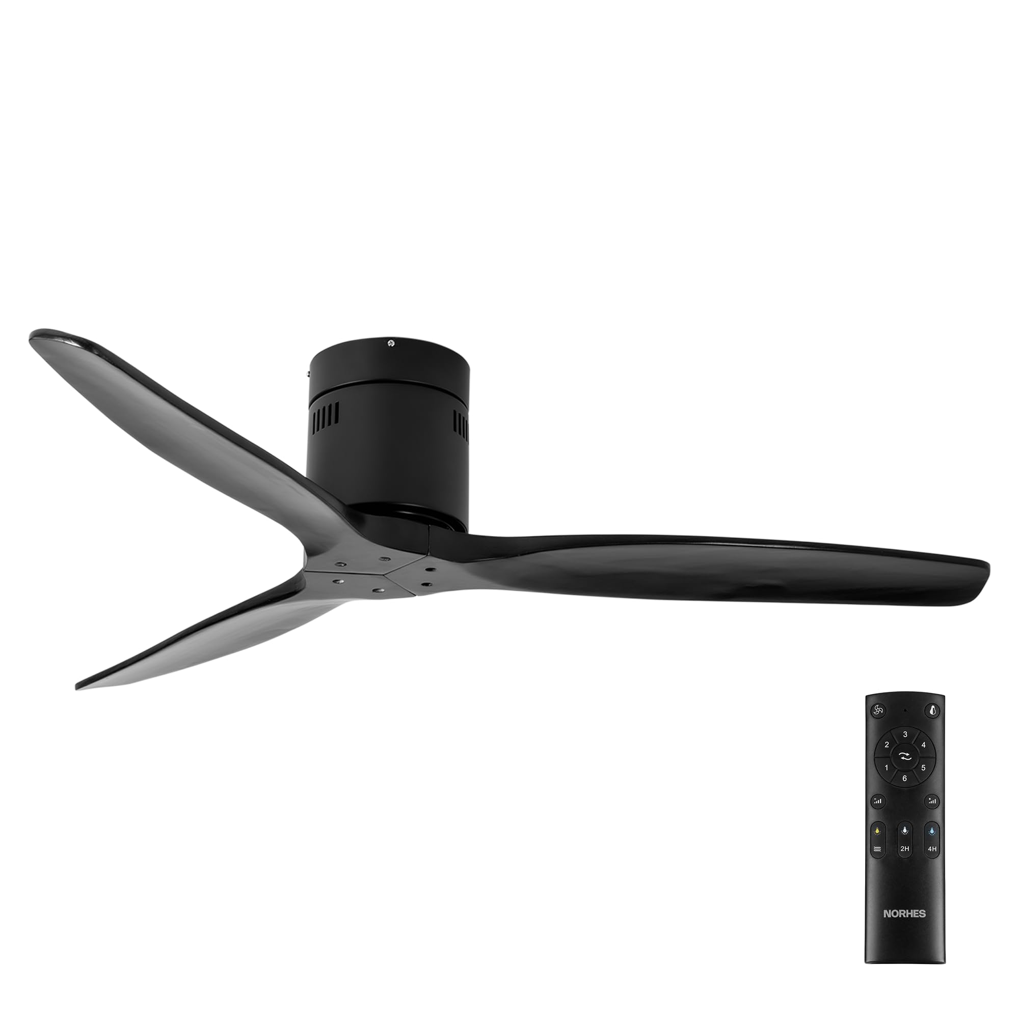 NORHES Kent Ventilador Techo Sin Luz Negro/Madera Negro. 3 Aspas Ø132cm. Motor DC. Verano/Invierno. 6 Velocidades. Control Remoto Temporizador. Bajo Consumo Silencioso. Brisa Natural