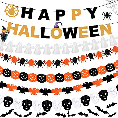Guirnalda de Halloween, 6 PCS Banners de Letras Feliz Halloween, Fantasma, Calabaza, Araña, Murciélago, Suministros para Fiestas Indoor Outdoor