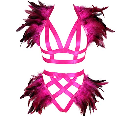 Bbohss Women's Feathers Body Harness Epaulets Wings Punk Gothic Leg Garter Photography Clothing Accessories(Rose Red #TOP10