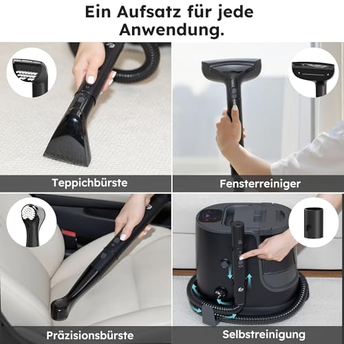 Saaf Fleckenreiniger – 7-teiliges Set – Mit Dampf-Funktion bis 100°C – Teppich- & Polsterreiniger – 1700W Leistungsstarker Motor – Inklusive Teppichaufsatz, Präzisionsbürste & Fensterwischer – Schwarz