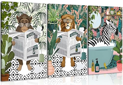 3Pcs Jungle Animal Bathroom Canvas Wall Art Zebra in Bathtub Pictures Lion Monkey on Toilet Reading Newspaper Paintings Funny Forest Animal Posters Prints for Restroom Wall Decor Framed