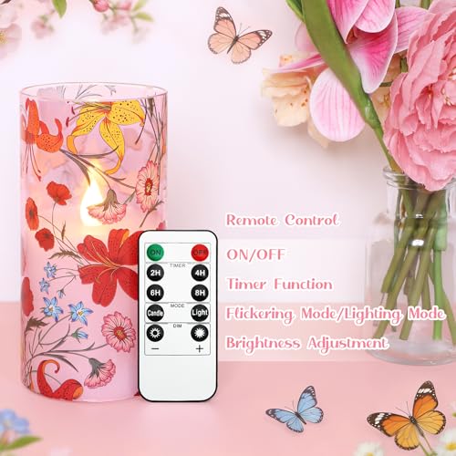 Image of Pink Glass Flameless Candles with Remote Boho Wildflower Flickering LED Pillar Candle Real Wax Battery Operated Candle Summer Decor for Home Party Valentine's Day Romantic Night, 3 Pack