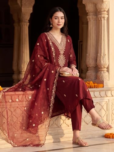 Image of INDO ERA Women's Black Silk Blend Embroidered Mirror Work Kurta & Pant with Dupatta Set (IEDDAI484)