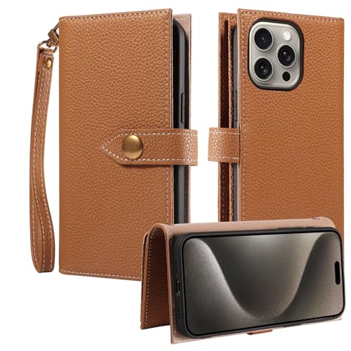 Étui portefeuille iPhone 16 Pro avec porte-cartes et dragonne marron