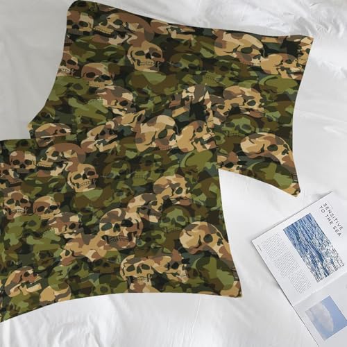 Image of Green Camo Comforter Set King: 1 Comforter 2 Pillowcases, Camouflage Skull Bedding Set for Boys Adults Men, Army Hunting Gothic Skeleton Quilt Bedroom Decor