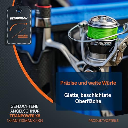 Robinson Geflochtene Angelschnur X8 - Angelschnur geflochten, 0,10mm - Tragkraft bis 8,5kg, 135m, ideal zum Spinnfischen - Titan Power GRÜN