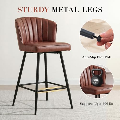 Image of EALSON 26 Inch Counter Height Bar Stools Set of 4 Leather Counter Stools with Back Modern Comfortable Bar Chairs with Metal Footrest Upholstered Kitchen Island Stools for Home Bar Dining Room, Brown